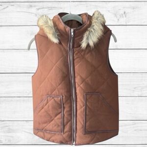 1. Peach Love California Wool Blend Fur Hooded Quilted Brown Vest Size Medium